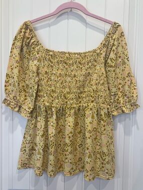 MELLODAY Yellow Floral Smocked Boho Cottagecore Top Sz Medium